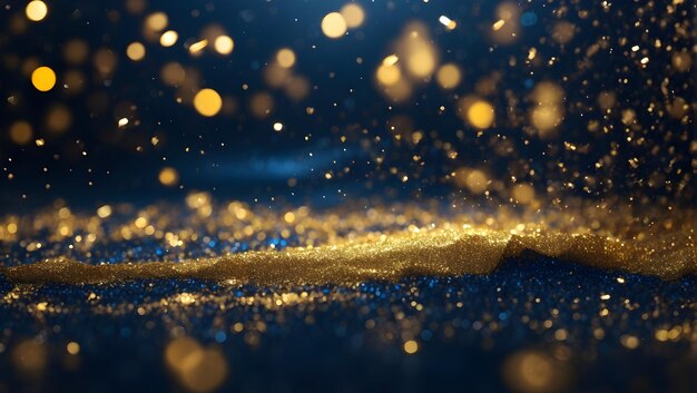 Foto fondo de navidad dorado y azul con luces desfocalizadas bokeh