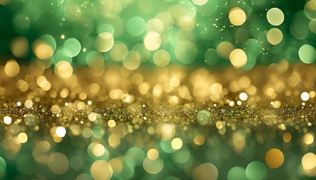 El fondo de Navidad es verde y dorado con brillo en un fondo bokeh brillante