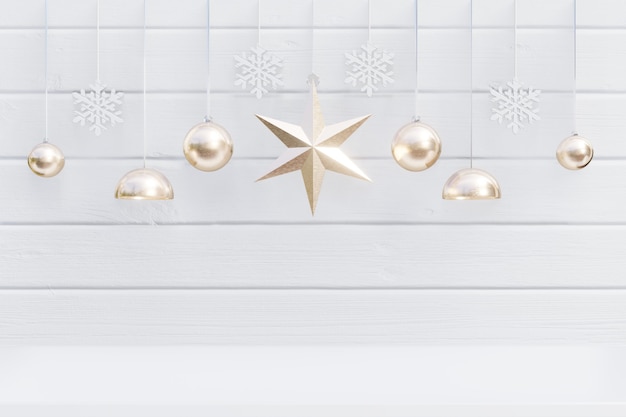 Fondo de Navidad con la estrella de oro para las ramas en el fondo blanco de madera, representación 3D