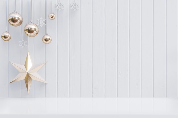 Fondo de Navidad con la estrella para las ramas en el fondo blanco de madera, representación 3D