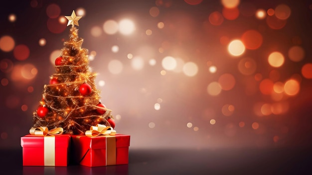 Fondo de Navidad y feliz año nuevo Árbol de Navidad bokeh borroso con estrella y caja de regalo