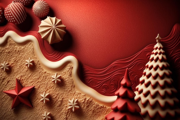 Fondo de navidad con galletas de jengibre y árbol de navidad sobre fondo rojo IA generativa