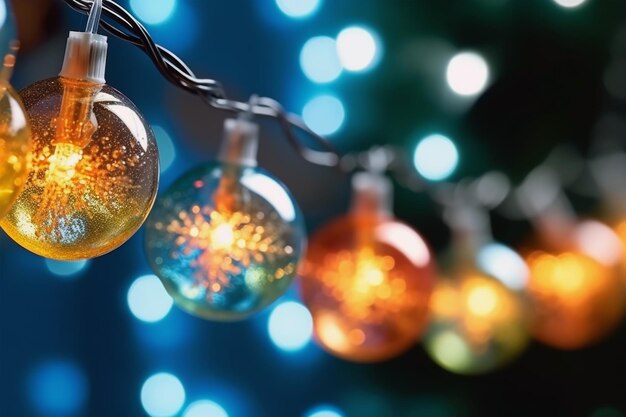 Fondo de Navidad con una guirnalda de adornos navideños brillantes Bolas de Navidad sobre fondo bokeh Fondo para Feliz Navidad y Feliz Año Nuevo Generado por AI