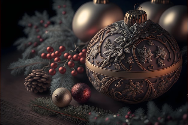 Fondo de Navidad con juguete de bola de Navidad adornado con arte generado por red neuronal de rama de abeto