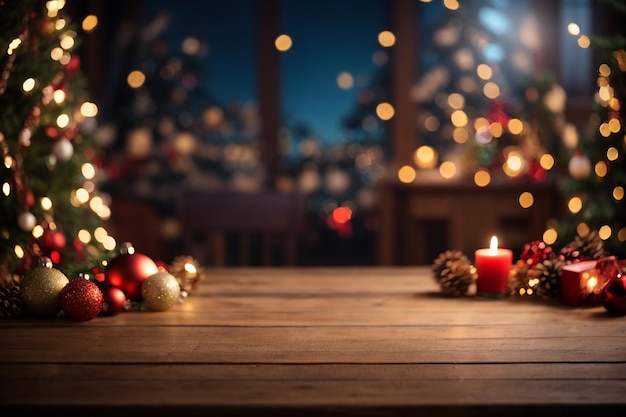 Foto fondo de navidad con mesa de madera y luces bokeh foto de alta calidad