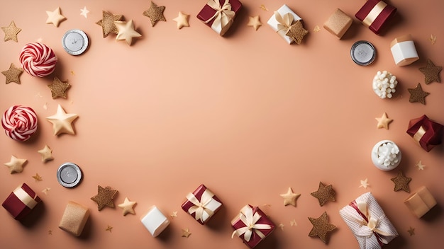 Fondo de Navidad o Año Nuevo con cajas de regalo, dulces y adornos.