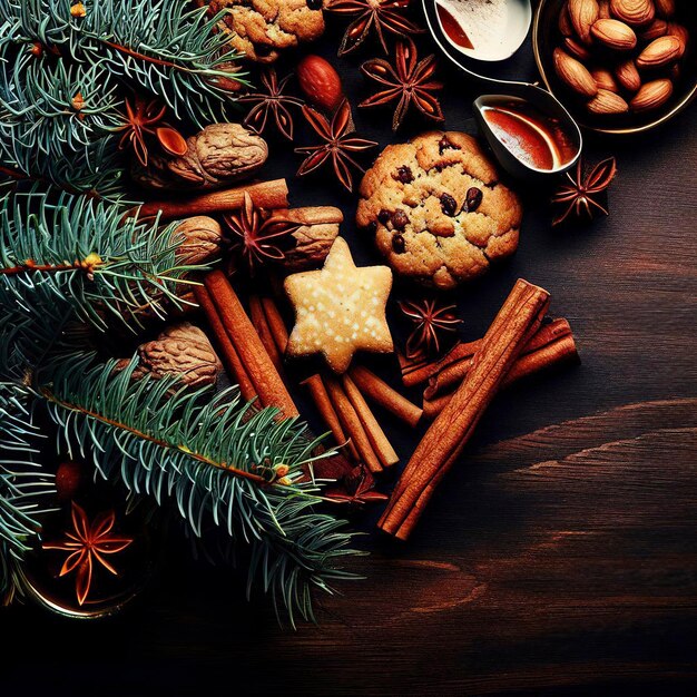 Fondo de Navidad o año nuevo con galletas especias canela nueces