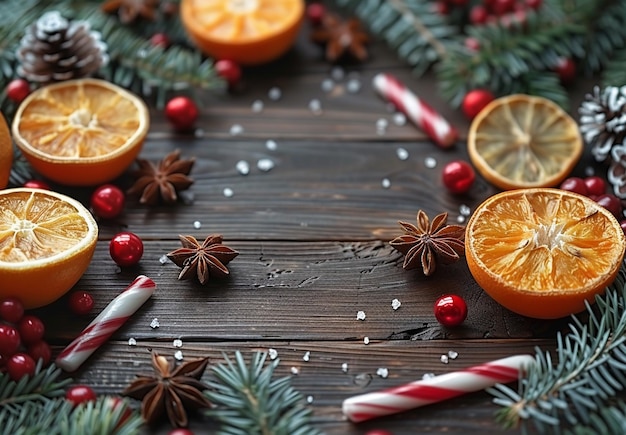 Fondo de Navidad o Año Nuevo Ramas de abeto con naranjas y piñas en fondo de madera oscura