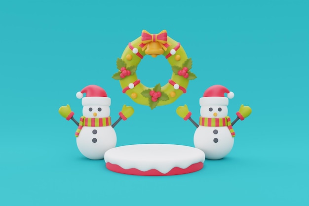 Fondo de Navidad con personajes de dibujos animados muñecos de nieve y pino Feliz Navidad y Feliz Año Nuevo renderizado 3d
