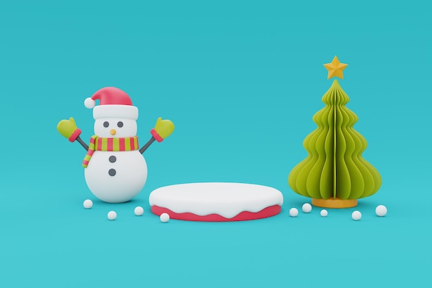 Fondo de Navidad con personajes de dibujos animados muñecos de nieve y pino Feliz Navidad y Feliz Año Nuevo renderizado 3d