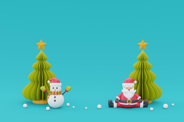 Fondo de Navidad con pinos Santa Claus y adornos navideños Feliz Navidad y Feliz Año Nuevo 3D rendering