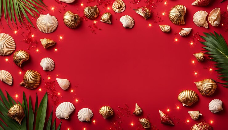 Fondo de Navidad con ramas de abeto adornos rojos y dorados en fondo rojo vista superior plana o sobre la cabeza de la decoración del espacio de copia para el diseño de banners de tarjetas de felicitación o telón de fondo digital