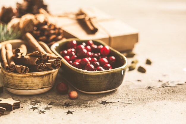 Fondo de Navidad con ramas de abeto, conos, canela y arándanos