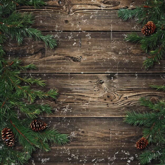 Fondo de Navidad con ramas de abeto conos de pino y nieve en tabla de madera