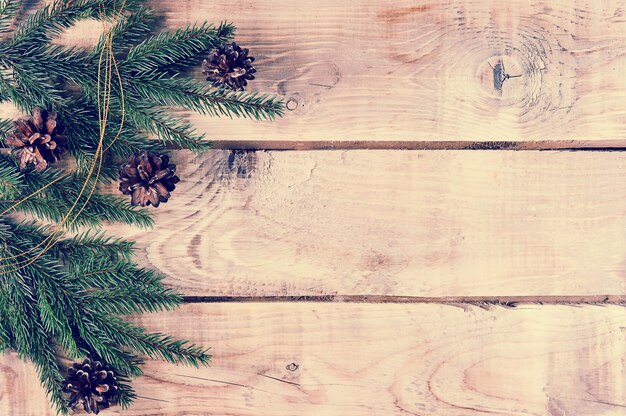 Fondo de Navidad con ramas de abeto y conos