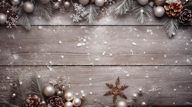 Fondo de Navidad con ramas de abeto, copos de nieve sobre una mesa de madera. Espacio vacío. Plantilla de postal de año nuevo. Diseño ai.