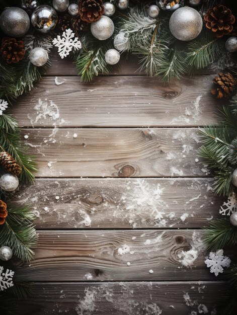 Foto fondo de navidad con ramas de abeto, copos de nieve sobre una mesa de madera. espacio vacío. plantilla de postal de año nuevo. diseño ai.