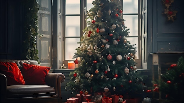 Fondo de Navidad Árbol de Navidad con bolas en un interior acogedor