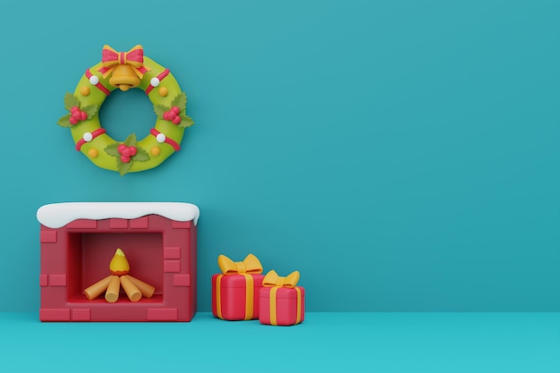 Fondo de navidad con regalos de chimenea y adornos navideños Feliz Navidad y Feliz Año Nuevo renderizado 3d