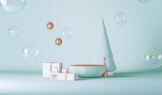 Fondo de Navidad con regalos y pinos podio fondo azul pastel 3D Render