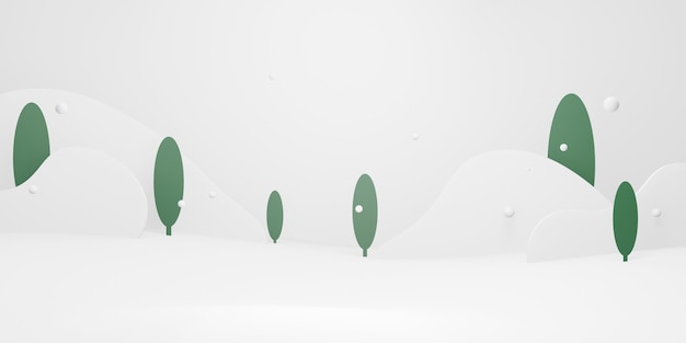 Fondo de Navidad renderizado en 3D Maqueta de árbol verde mínimo y nieve blanca