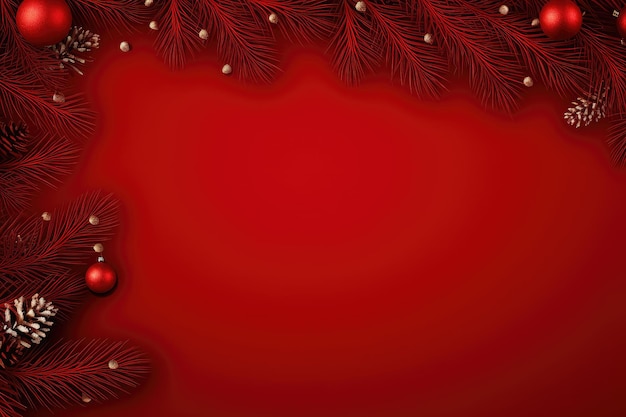 Fondo de navidad rojo con bola de navidad roja y hojas de abeto Espacio de copia