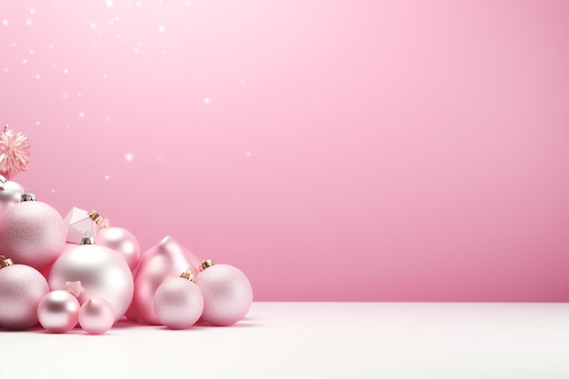 Fondo de Navidad rosa con bolas y copos de nieve plantilla vacía para tu texto