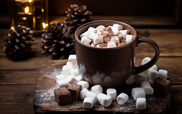 Foto fondo de navidad con taza de cacao con malvaviscos y chocolate y conos de pino cerca