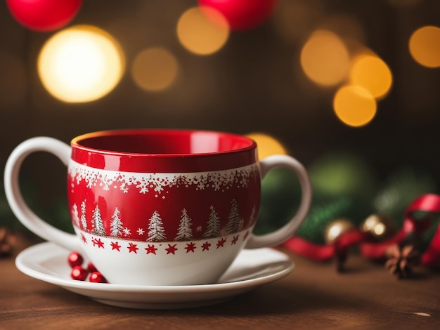 Fondo de Navidad taza roja y ramas de abeto de café y bolas de Navidad