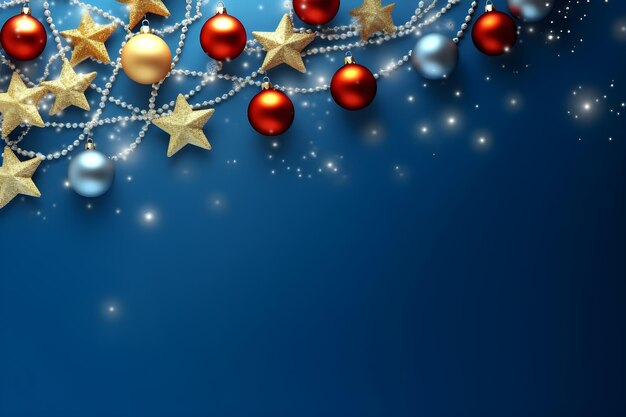 Foto fondo de navidad en tonos azules con guirnaldas de estrellas y bolas copyspace modelo de fondo