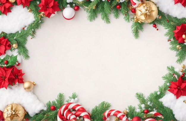 Fondo navideño con abeto y elementos de decoración navideña Vista superior con espacio de copia