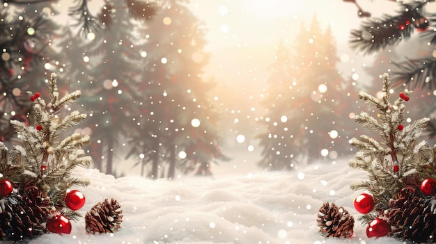 Fondo navideño con abetos cubiertos de nieve y adornos rojos