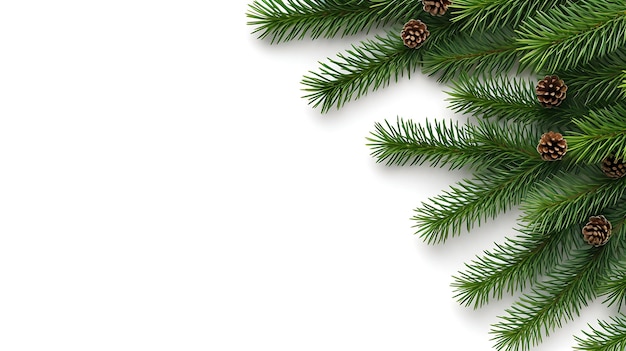 Fondo navideño con árbol de Navidad y conos de abeto en fondo blanco Espacio para el texto