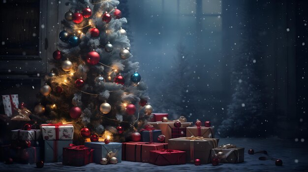 Fondo navideño con árbol de Navidad decorado con bolas espacio de copia en formato de pancarta