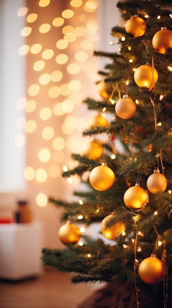 Fondo navideño con árbol de navidad decorado con luces amarillas