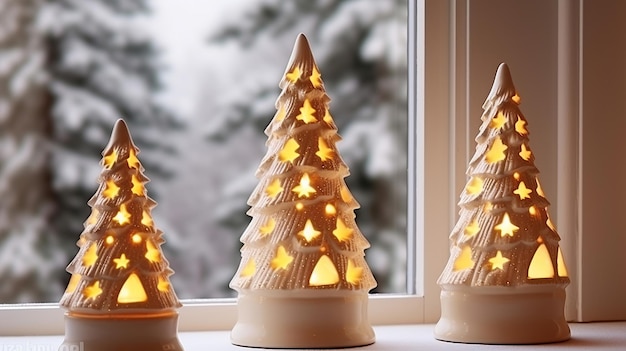 Un fondo navideño con árboles de cerámica adornados con velas y decoraciones en una mesa