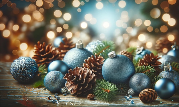 Fondo navideño con bolas azules con conos de pino y bokeh hermosa tarjeta navideña
