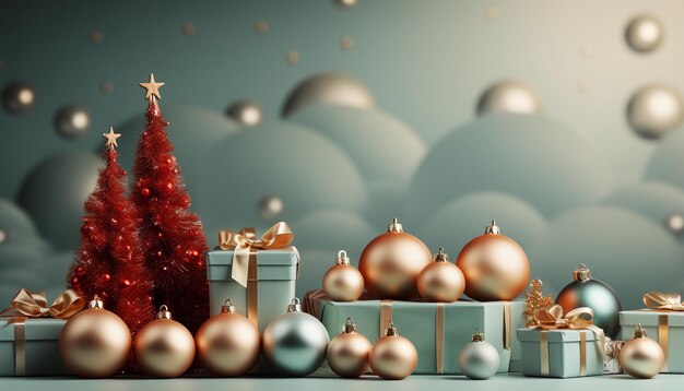 Fondo navideño con bolas y cajas de regalos renderización 3D