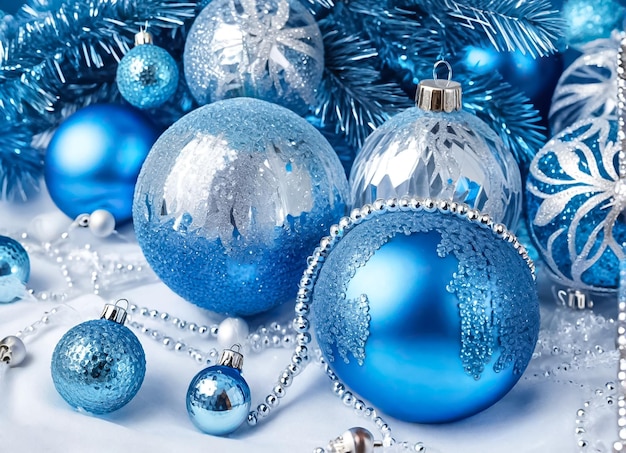 Foto fondo navideño con bolas y juguetes repartidos sobre él bola de cristal navideña en azul