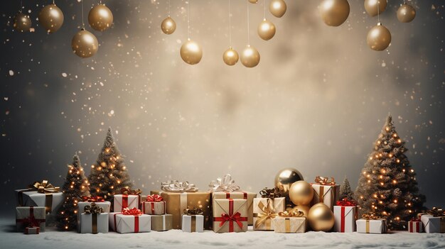 Fondo navideño con bolas de Navidad de regalo y adornos sobre un fondo brillante con luces navideñas
