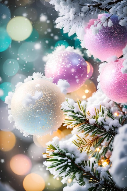 Fondo navideño con bolas de nieve brillantes y ramas de abeto AI