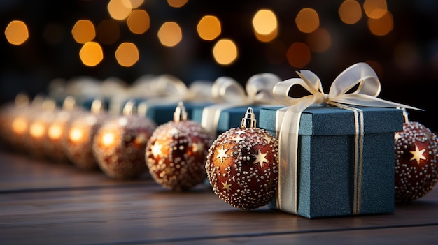 Fondo navideño con cajas de regalo y bolas.