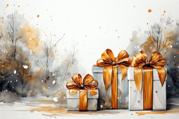 Fondo navideño con cajas de regalos y ramas de abeto Pintura en acuarela