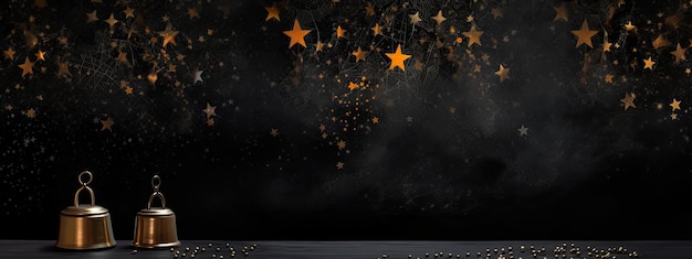 Fondo navideño con campanas doradas y estrellas en fondo negro ilustración 3D