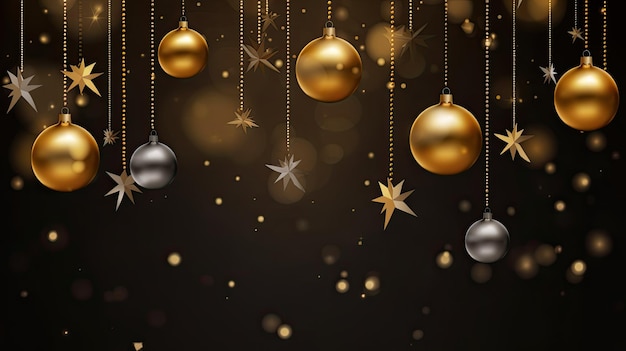 Fondo navideño con cintas de bolas doradas y negras y copos de nieve
