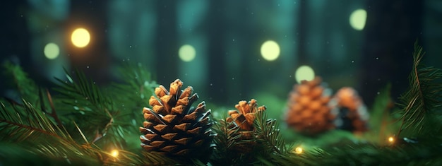 Fondo navideño con conos de pino y luces bokeh