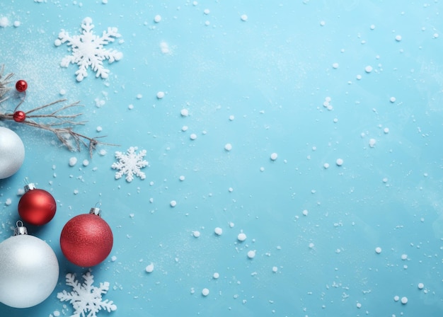 Fondo navideño con copos de nieve y bolas navideñas en fondo azul