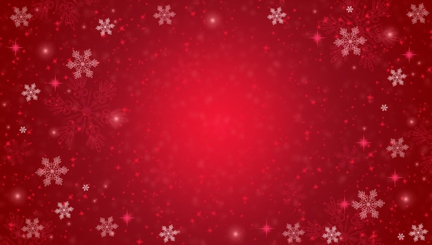 Fondo navideño con copos de nieve y estrellas en un fondo rojo