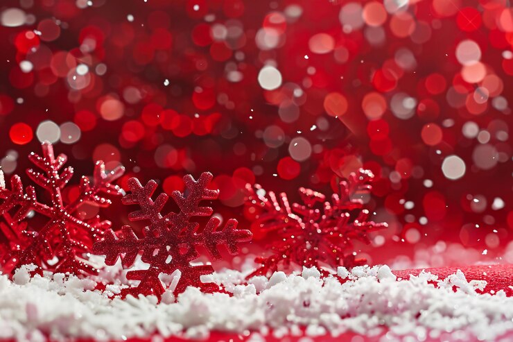 Fondo navideño con copos de nieve en fondo bokeh rojo