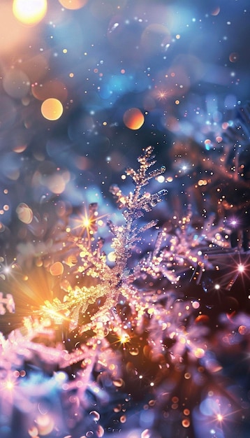 Fondo navideño con copos de nieve luces bokeh y estrellas